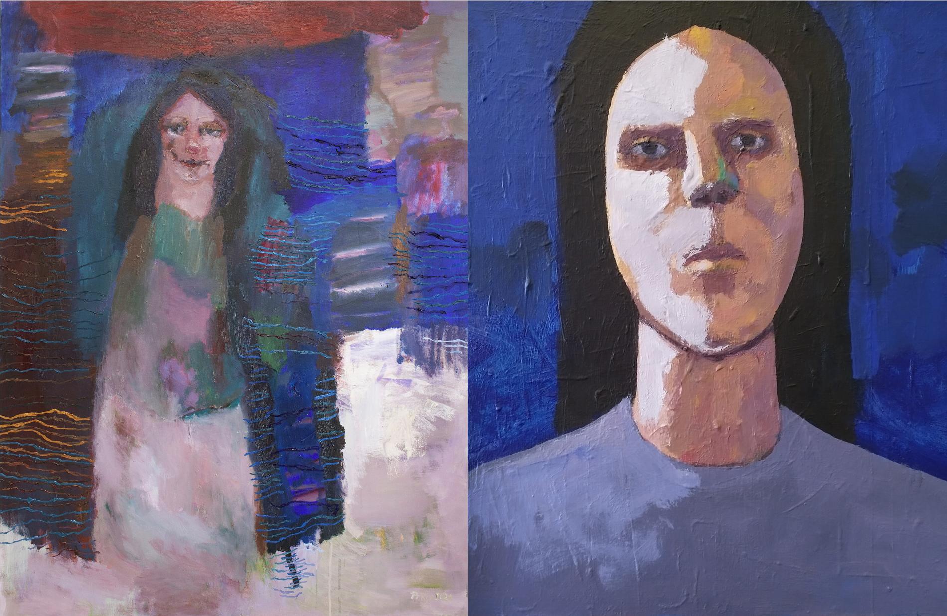 Kuvassa kaksi henkilökuvaa: Pirjo Nykäsen ölyvärimaalaus, BLUE SCARF ja  Sakari Hintsalan, akryylimaalaus BLUE MOOD. 