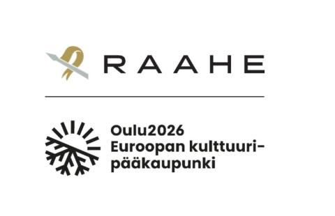Raahen logo ja Oulu2026 Euroopan kulttuuripääkaupungin logo yhdistettynä yhteen kuvaan.