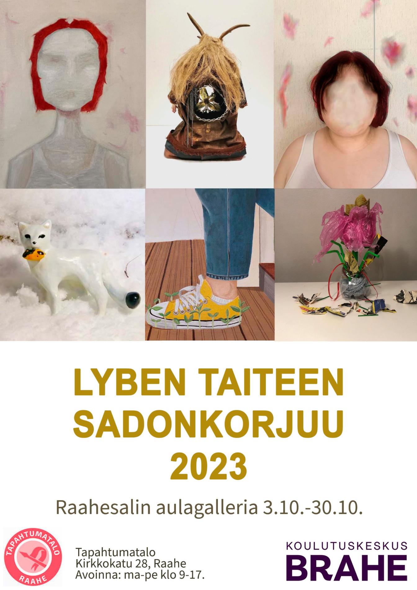 Kuvassa "Sadonkorjuu 2023" -näyttelyn juliste. Julisteessa maalauksia, veistoksia, mediataiteen teoksia 